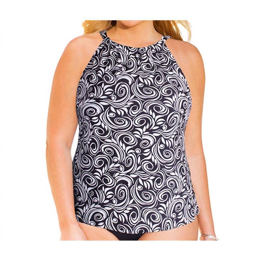 NEW ALWAYS FOR ME plus size high neck tankini top in white scroll